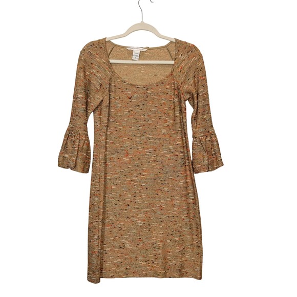 Diane Von Furstenberg Tweed Bell Sleeve Knit Dress Tan Multi Color Size 4 - Picture 2 of 8